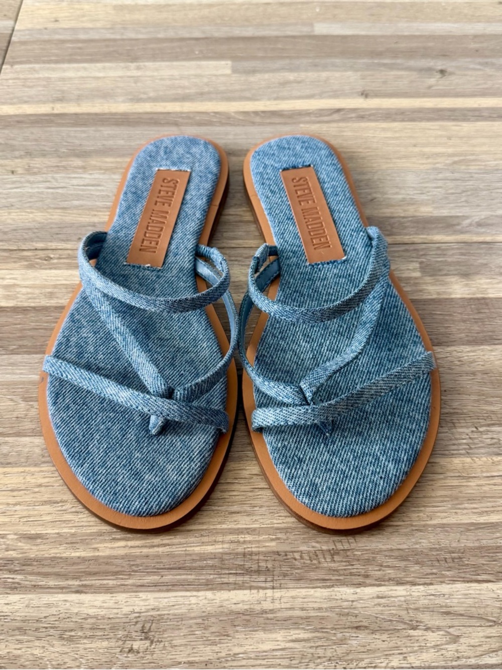 Steve Madden Ellery denim fabric strappy thong slide sandals, women’s size 6